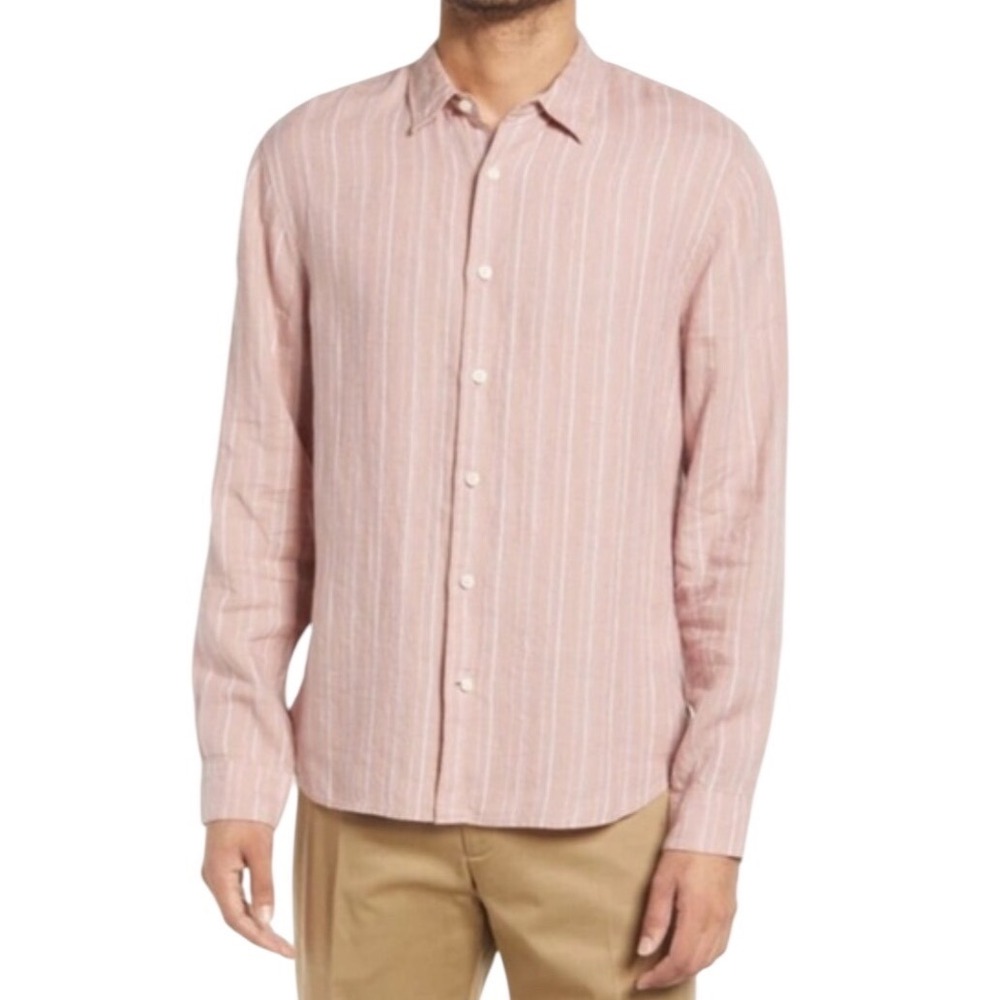 VINCE Himalayan Pink Stripe Linen Button Up‎ Shirt Men's Small Coastal Minimal